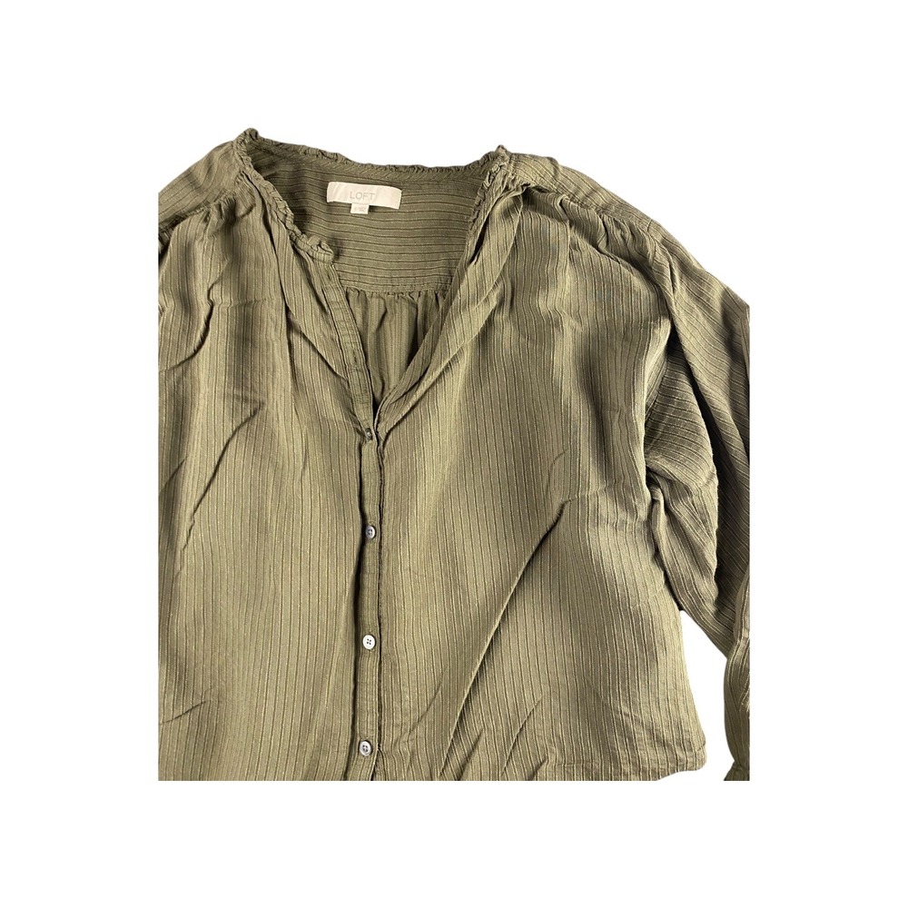 LOFT Olive Green Striped V-Neck Button Front Blouse Long Sleeve Cropped Top S - Picture 2 of 6